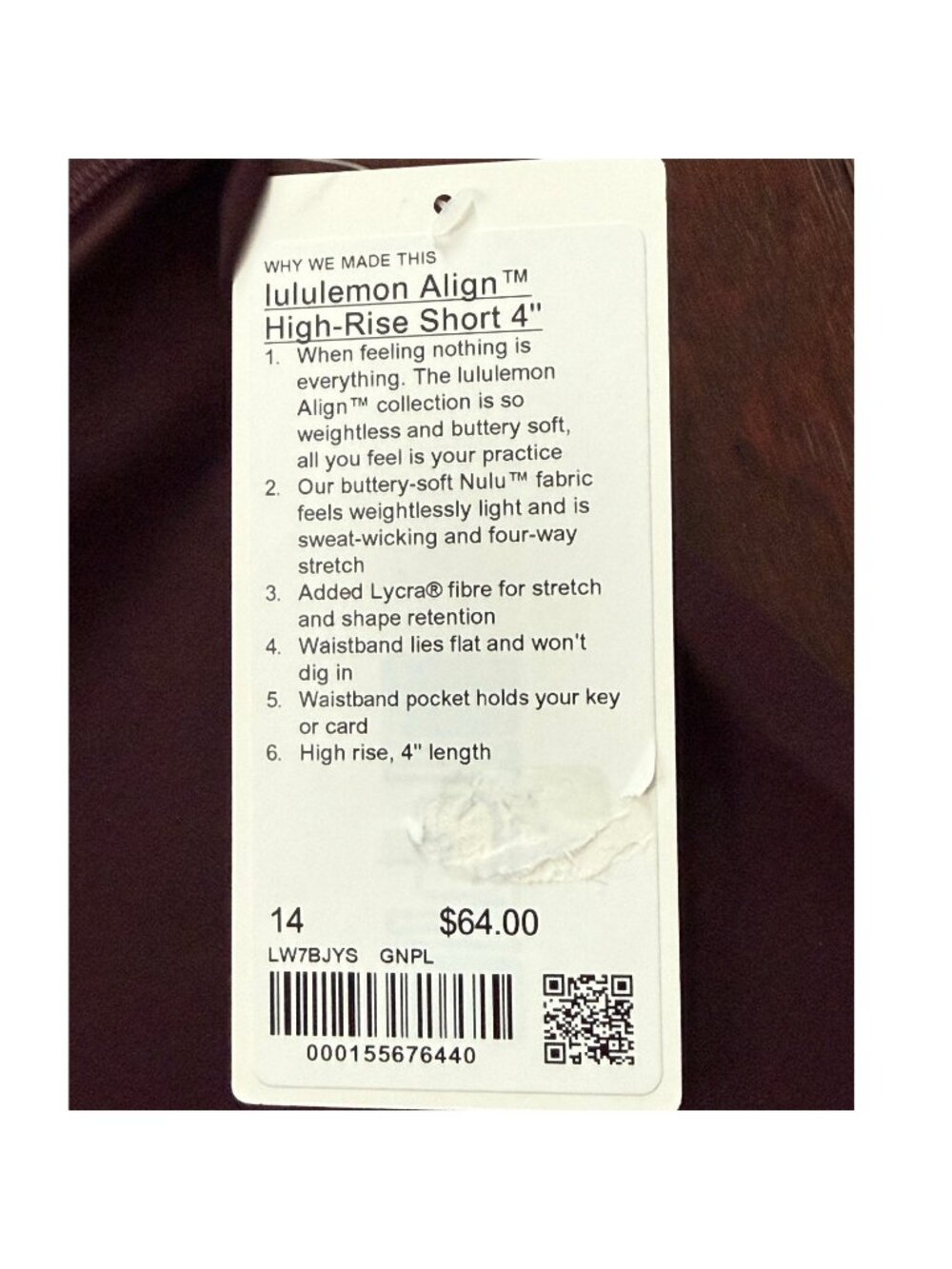 Lululemon Align High-Rise Short 4 in NWT Women Size 14  W7BJYS Goodnight Plum - Picture 3 of 13